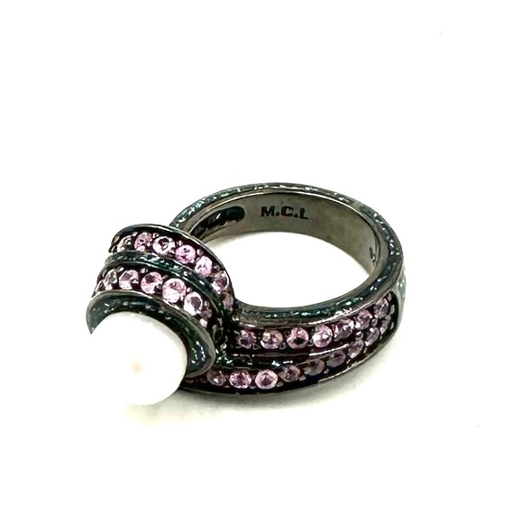 MCL Matthew Campbell Laurenza Ring Pearl Sapphire Enamel Black Rhodium Silver 7 - Picture 7 of 13